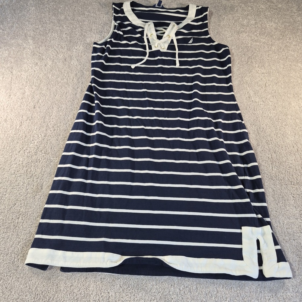 Nautica Women's Breton Stripes Sleeveless V-neck Stretch Polo Casual Dress Large